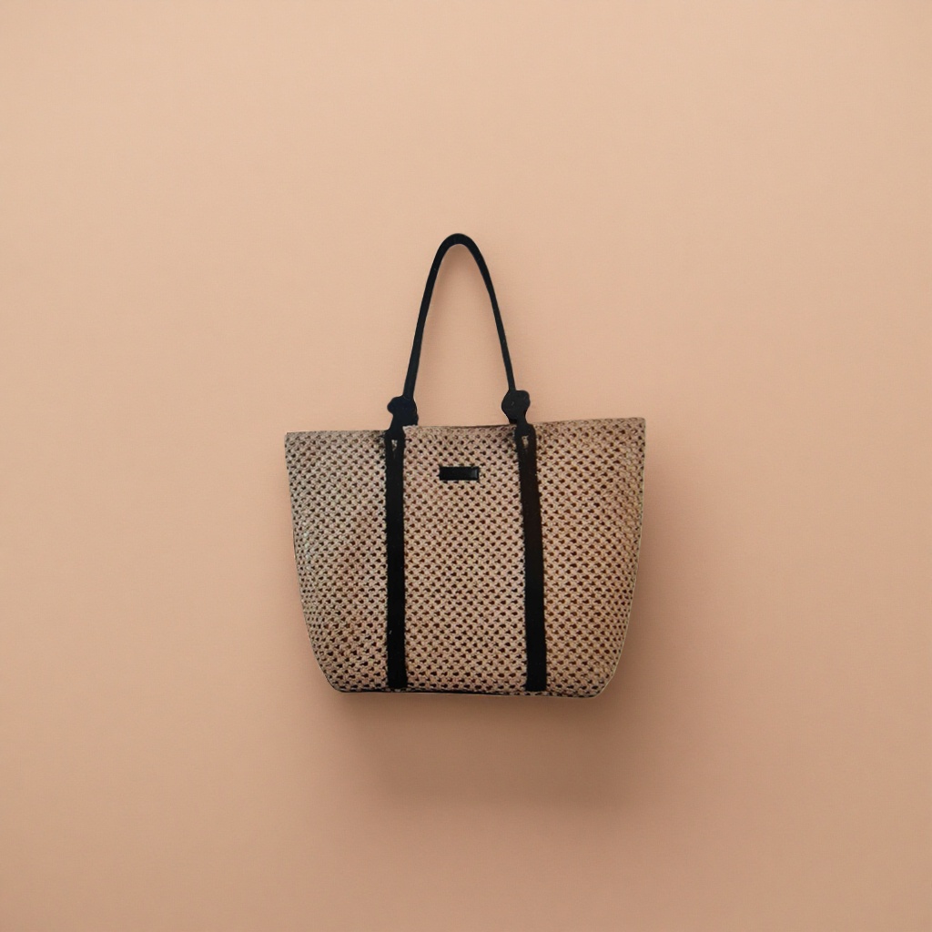 Beige woven handbag with black knot handle, simple and fashionable single-shoulder bag for ladies Specification image