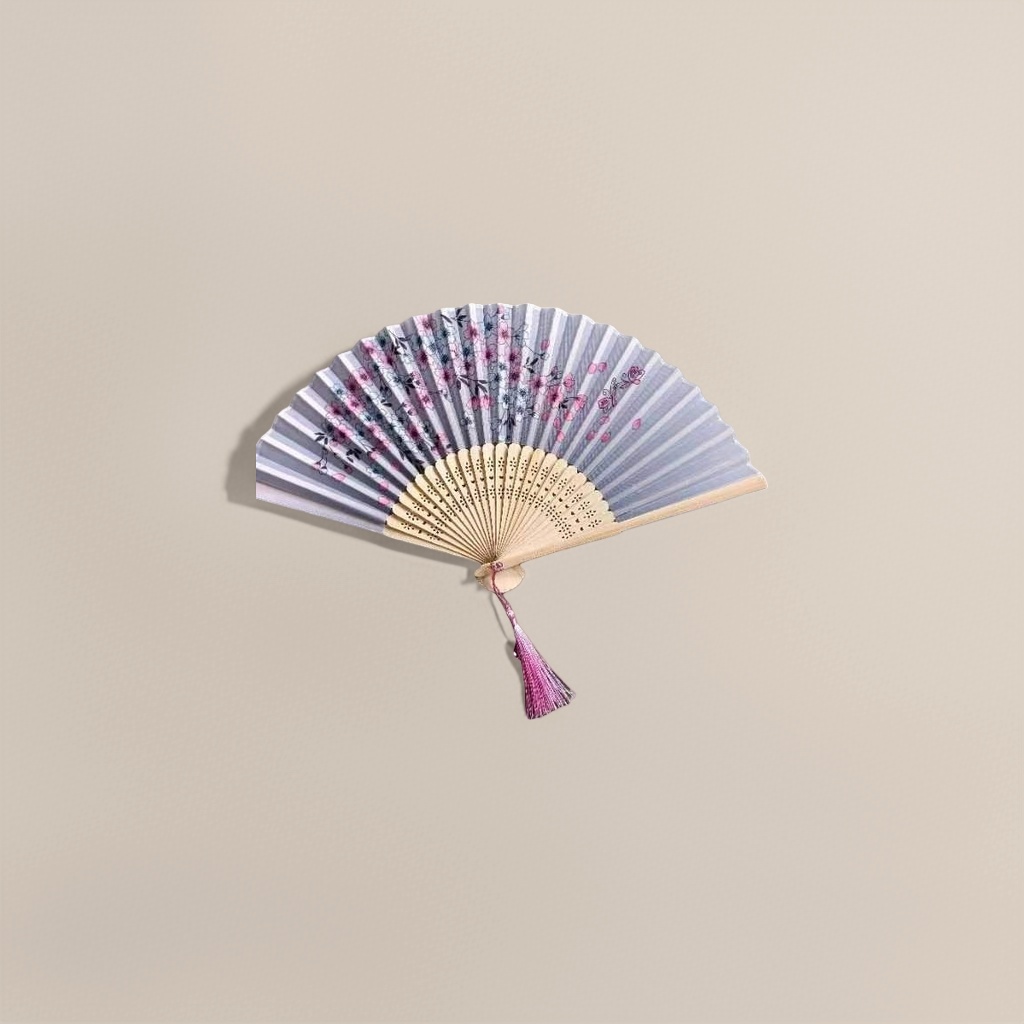 淡紫色花卉图案折扇 手工竹骨团扇 纳凉装饰扇