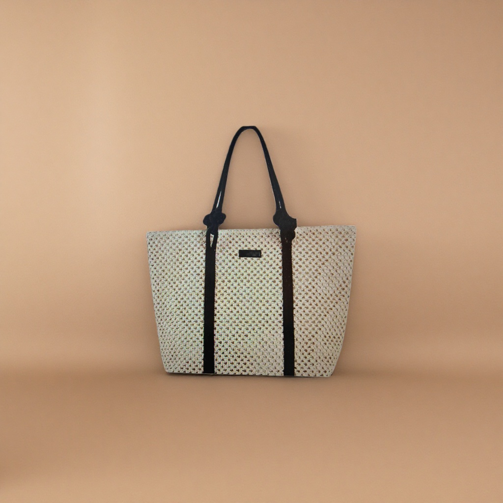 Beige woven bag with black knot handle and shoulder casual tote bag details Picture