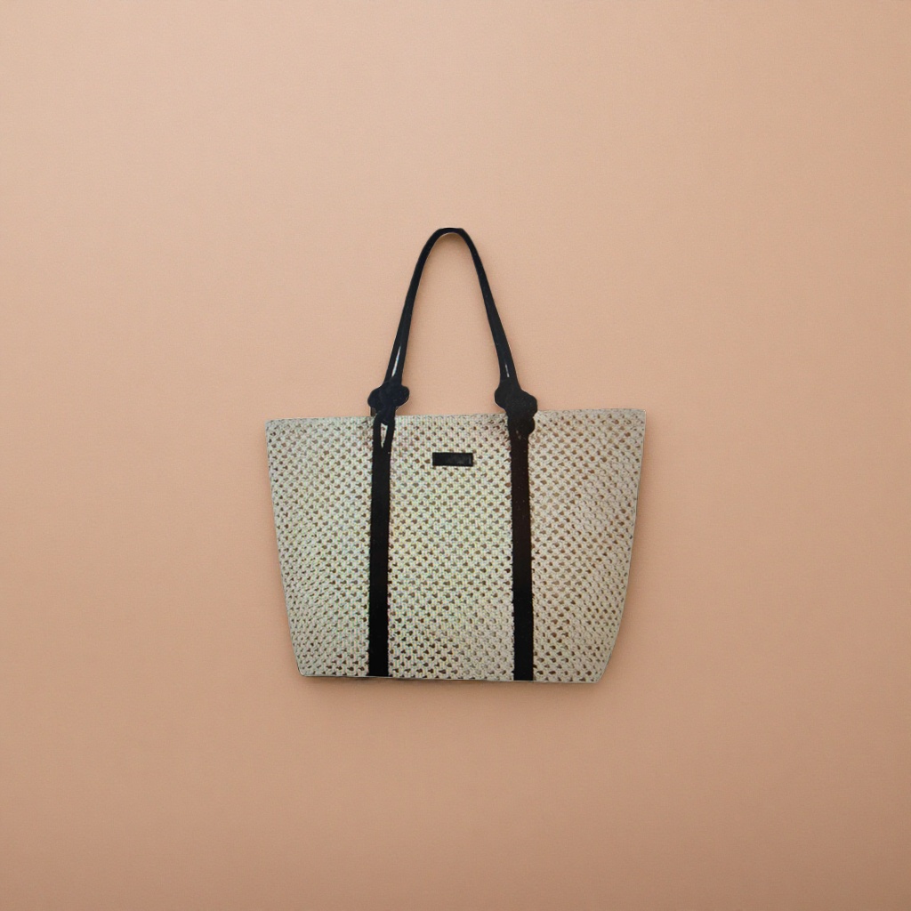Beige woven bag with black knot handle and shoulder casual tote bag Application Scenario