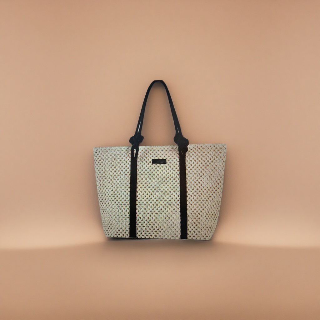 Beige woven bag with black knot handle and shoulder casual tote bag Specification image