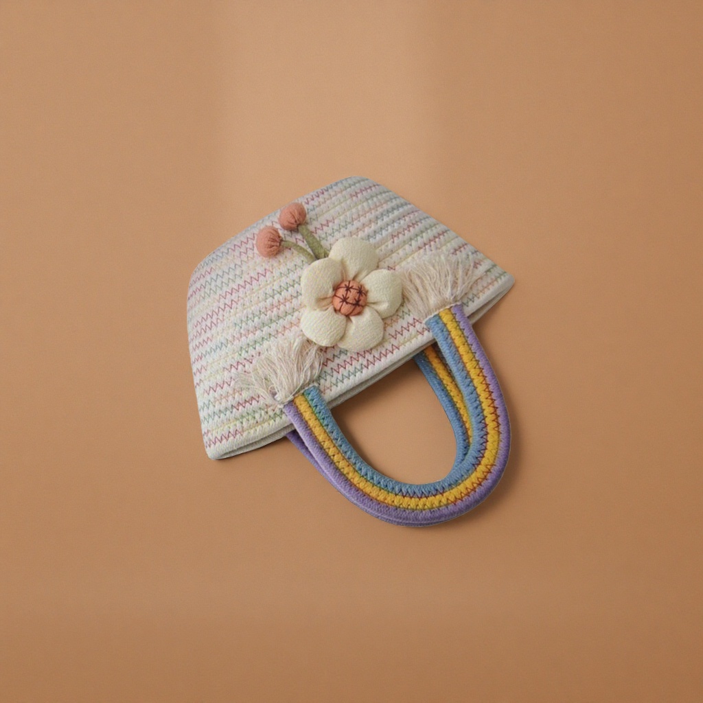 Colorful embroidered flower handbag, rainbow-colored U-shaped handle, white keyboard style Specification image