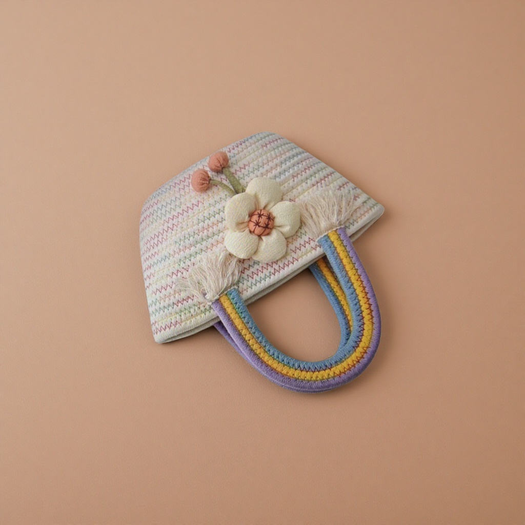 Colorful embroidered flower handbag, rainbow-colored U-shaped handle, white keyboard style details Picture