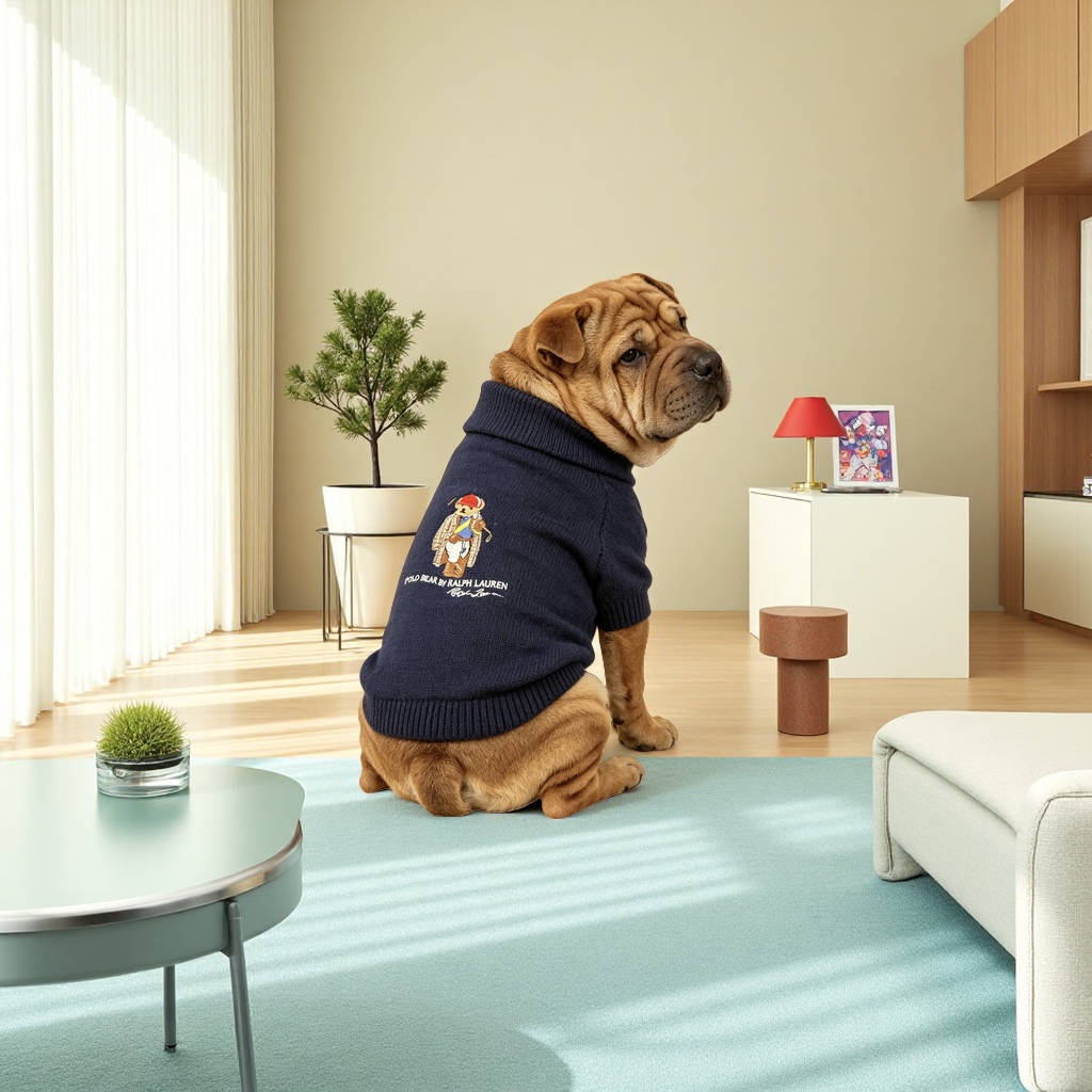 Dark blue knitted sweater with Polo Bear embroidery pattern Application Scenario