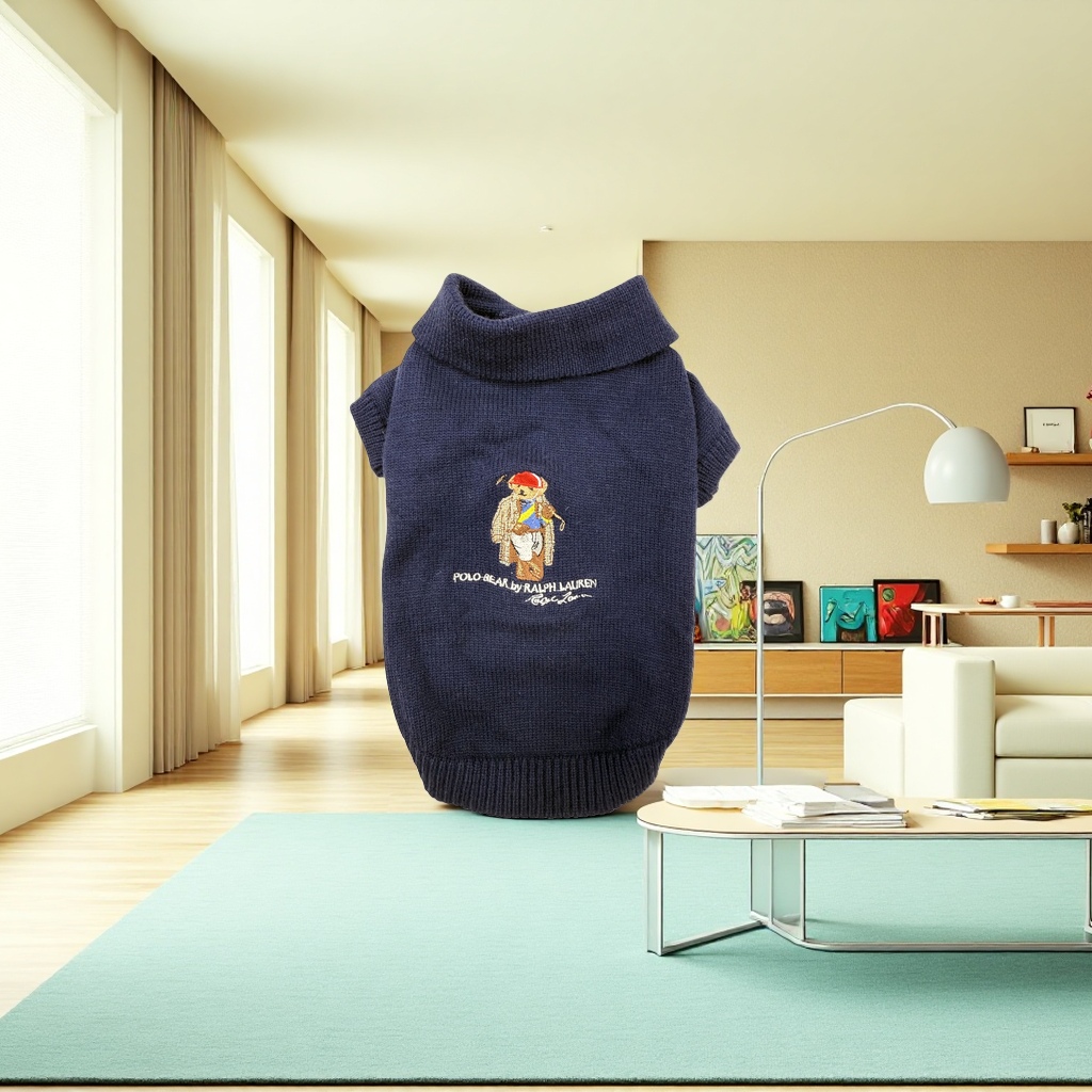 Dark blue knitted sweater with Polo Bear embroidery pattern details Picture