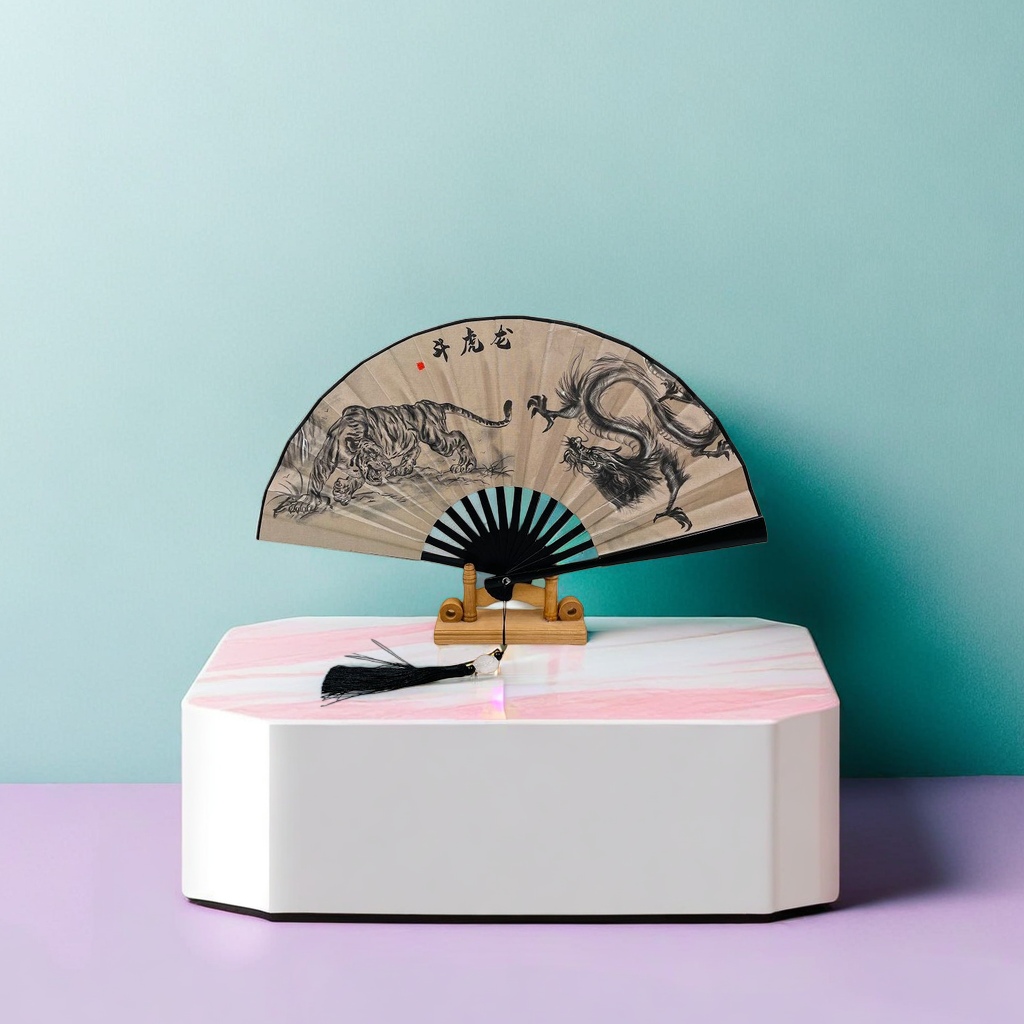 Black dragon-patterned folding fan, handcrafted bamboo frame, solid color, classical, portable and collectible