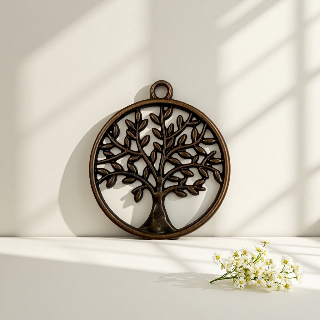 Copper-colored round tree-shaped pendant is a fashionable and simple metal necklace accessory details Picture