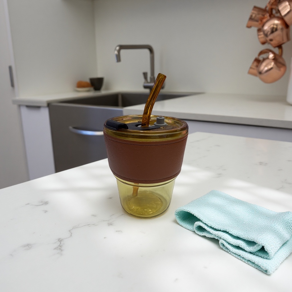 棕色皮质杯套配黄色吸管杯 保温防烫便携咖啡奶茶杯套