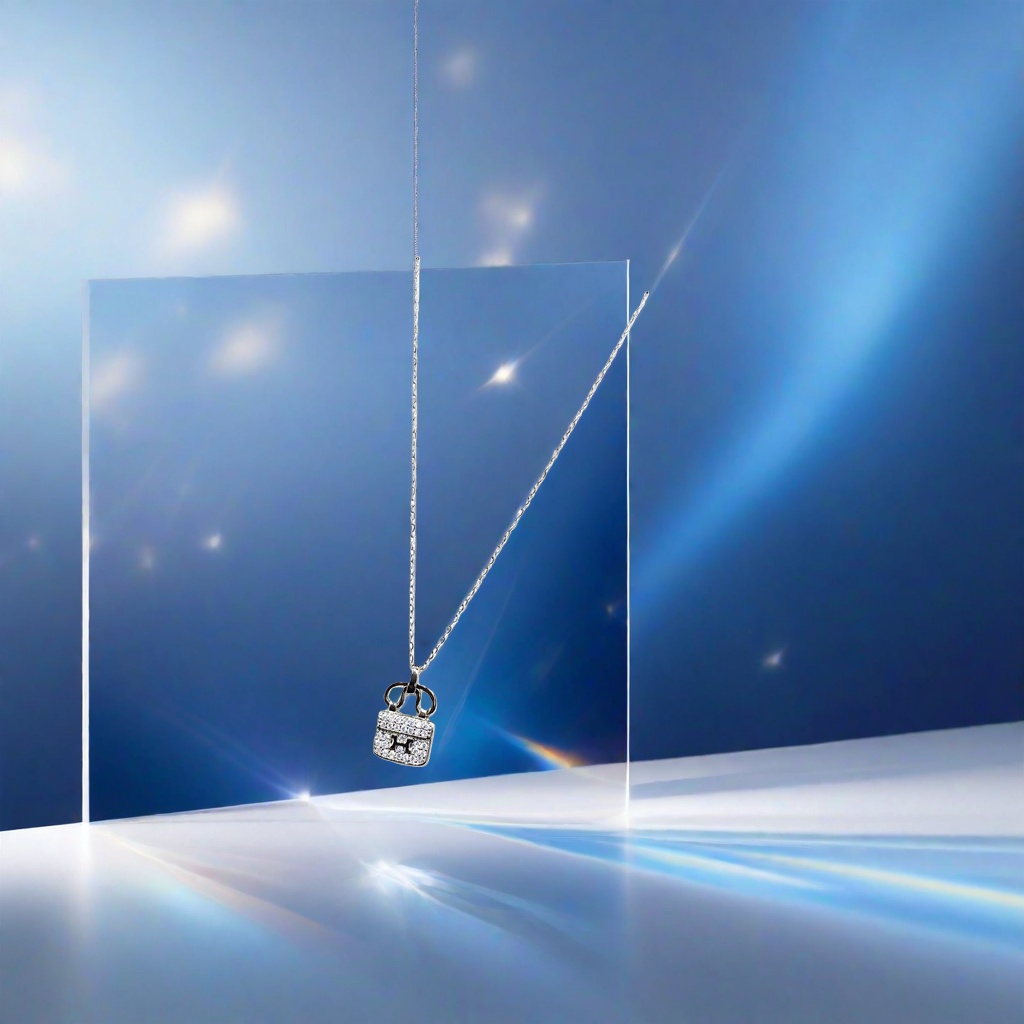 A silver chain necklace with a diamond-encrusted H-shaped handbag pendant Specification image