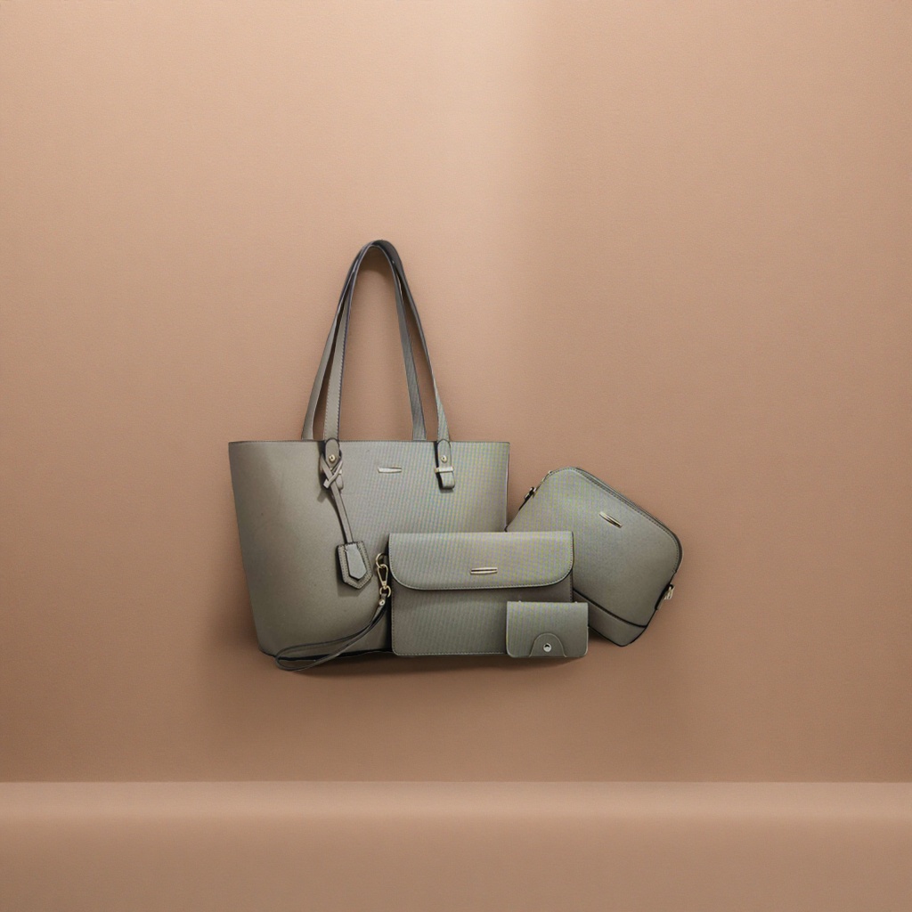 Grey tote bag set, large handbag, small crossbody bag, long wallet, short card case