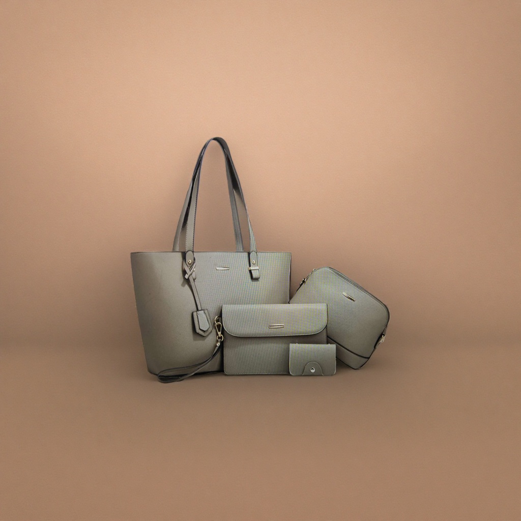 Grey tote bag set, large handbag, small crossbody bag, long wallet, short card case details Picture