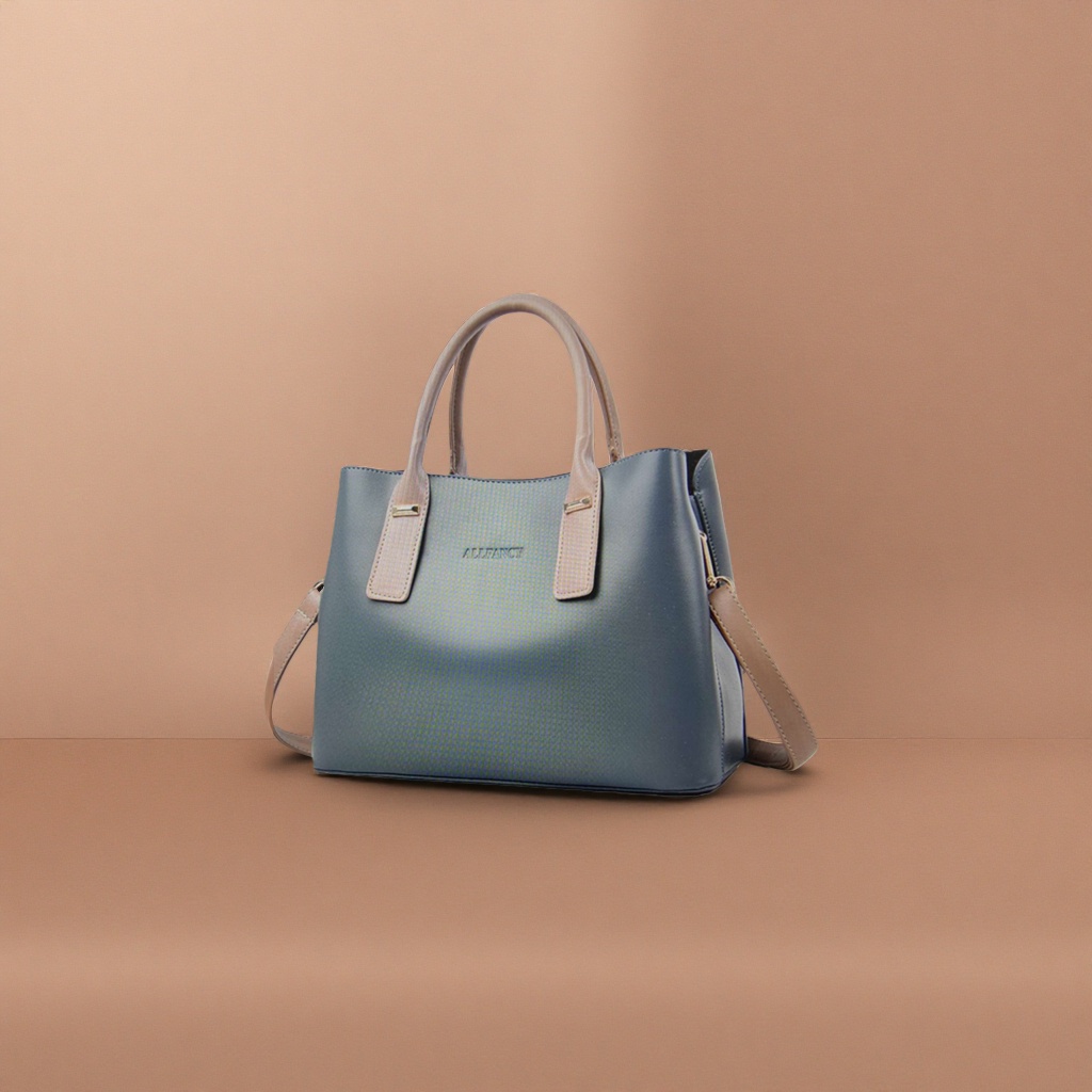 A simple and fashionable single-shoulder bag for ladies with a blue-gray handbag and beige handle shoulder strap