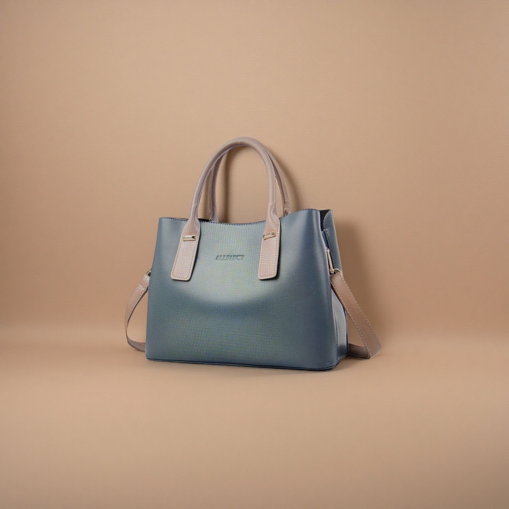 A simple and fashionable single-shoulder bag for ladies with a blue-gray handbag and beige handle shoulder strap details Picture