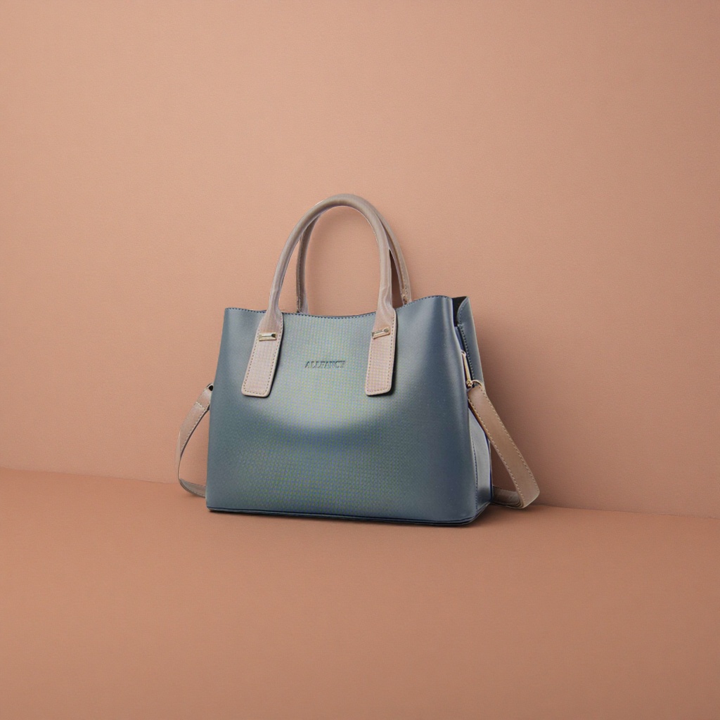 A simple and fashionable single-shoulder bag for ladies with a blue-gray handbag and beige handle shoulder strap Specification image