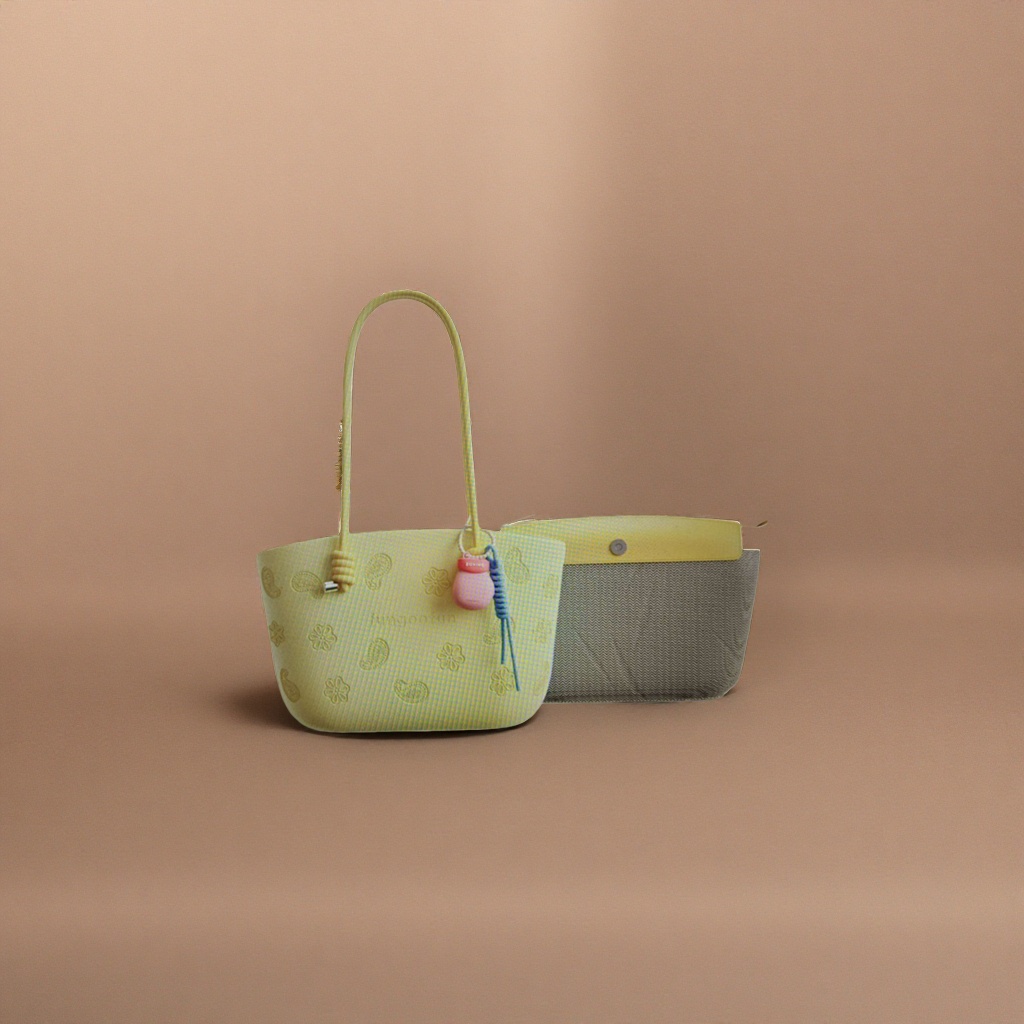 Yellow handbag with Paisley embossing of flowers, pink gourd pendant, blue spiral rope and grey wavy lining