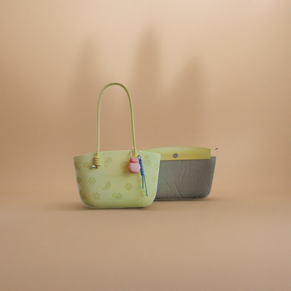 Yellow handbag with Paisley embossing of flowers, pink gourd pendant, blue spiral rope and grey wavy lining Application Scenario