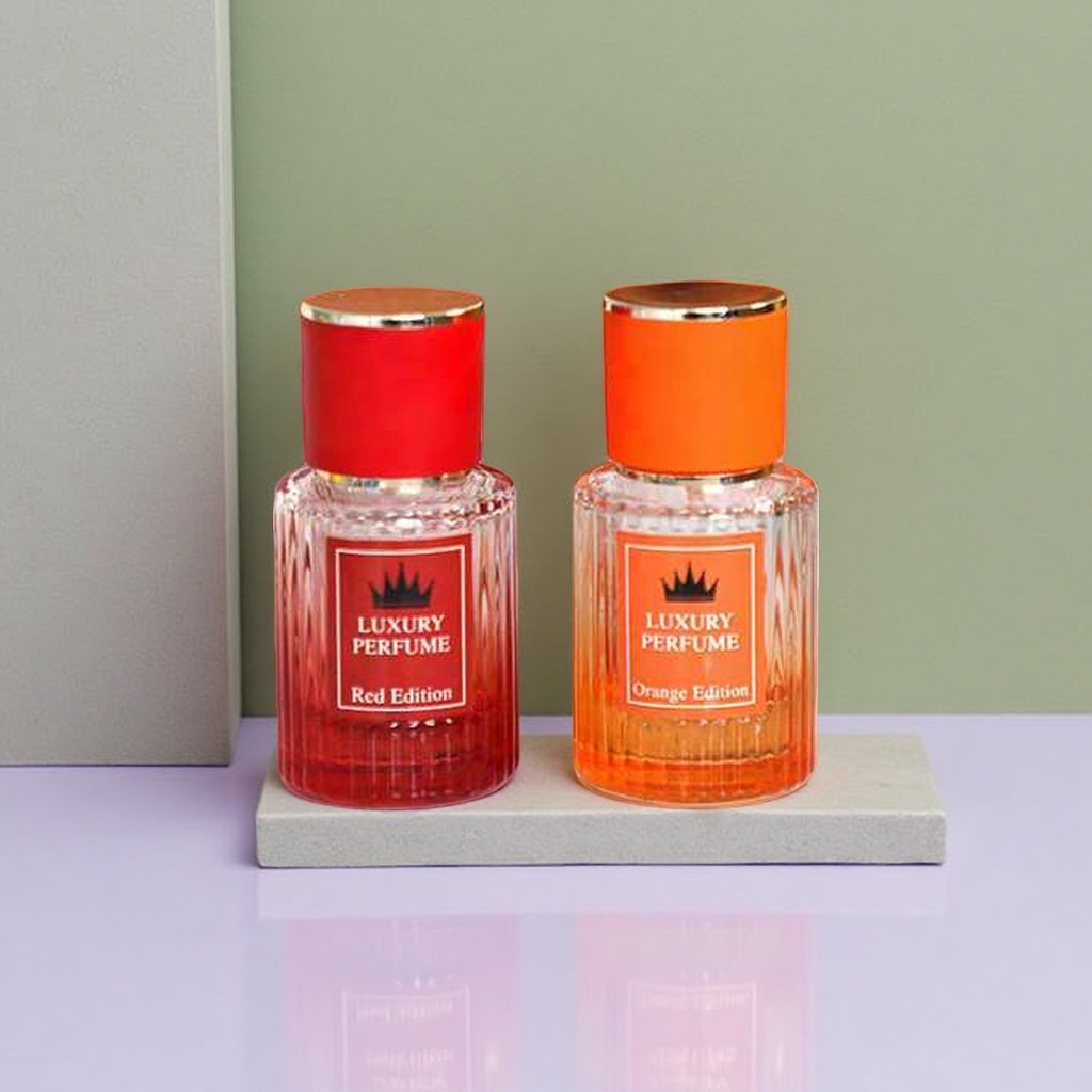 红色橙色玻璃喷雾瓶 圆柱竖纹红橙瓶盖 LUXURY PERFUME Red Edition Orange Edition