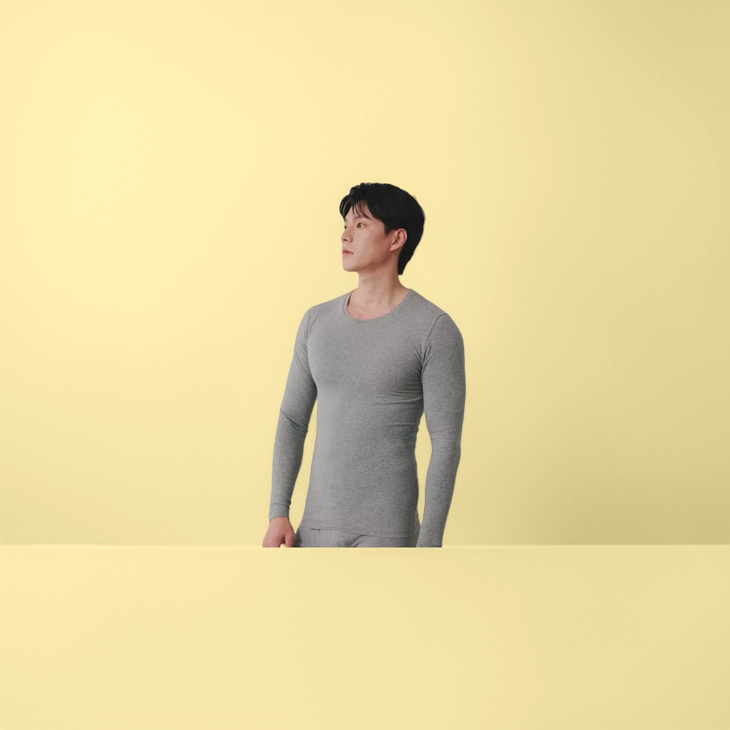 灰色长袖紧身衣男模特修身显瘦纯棉弹力打底衫