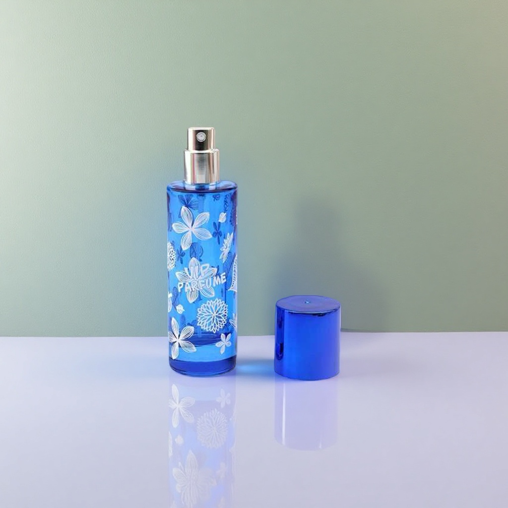 蓝色磨砂玻璃喷雾瓶 白色手绘花卉 银色按压泵头 家居香薰专用