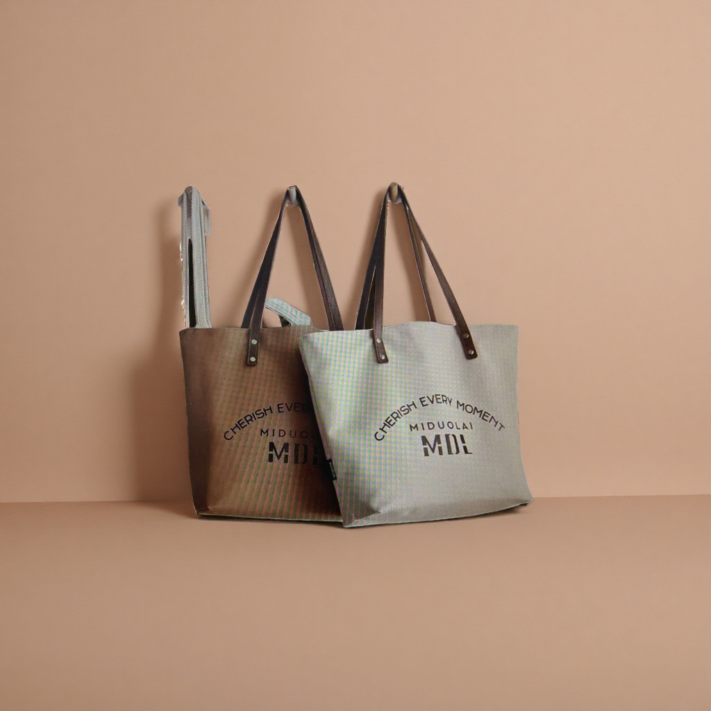 Beige brown canvas tote bag dark brown leather handle CHERISH EVERY MOMENT MIDUOLAI MDL details Picture