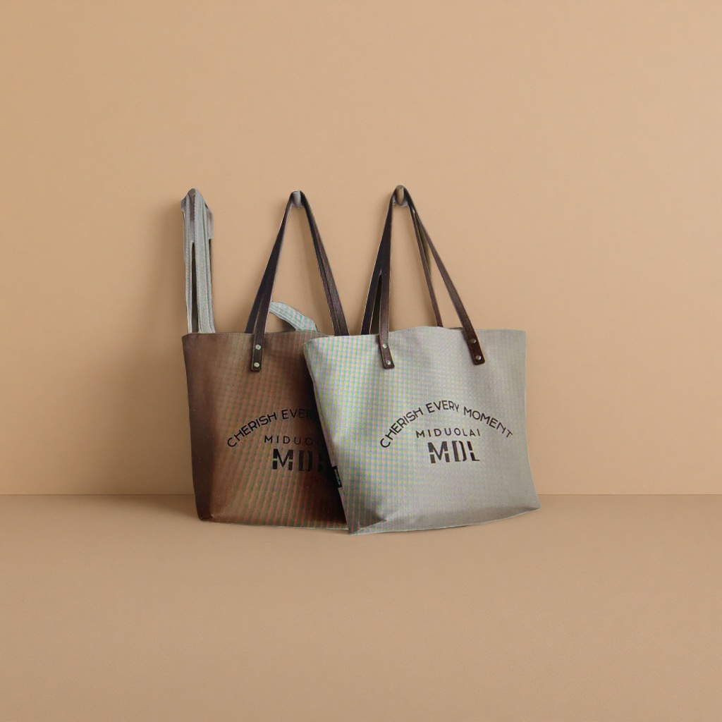 Beige brown canvas tote bag dark brown leather handle CHERISH EVERY MOMENT MIDUOLAI MDL Specification image