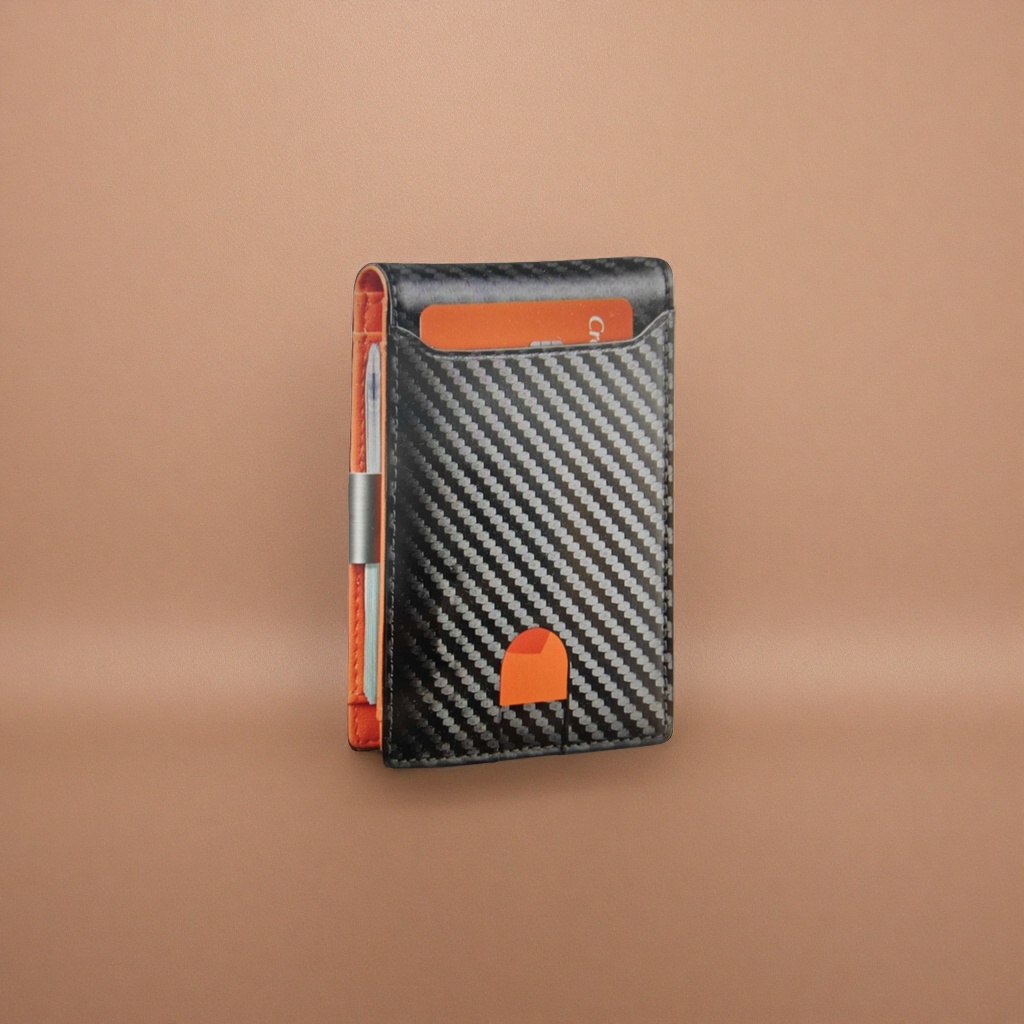 Black carbon fiber textured wallet with orange inner lining card slot, simple and lightweight for men Specification image