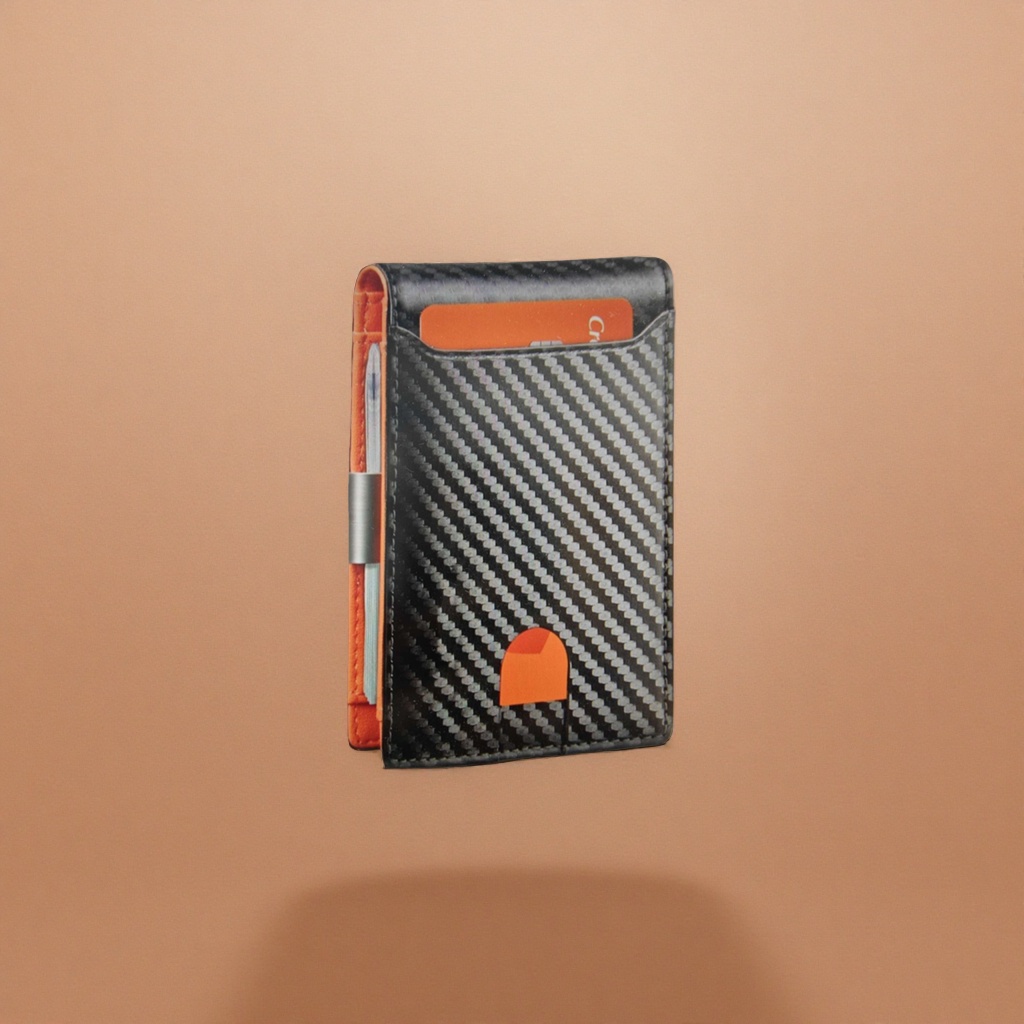Black carbon fiber textured wallet with orange inner lining card slot, simple and lightweight for men details Picture