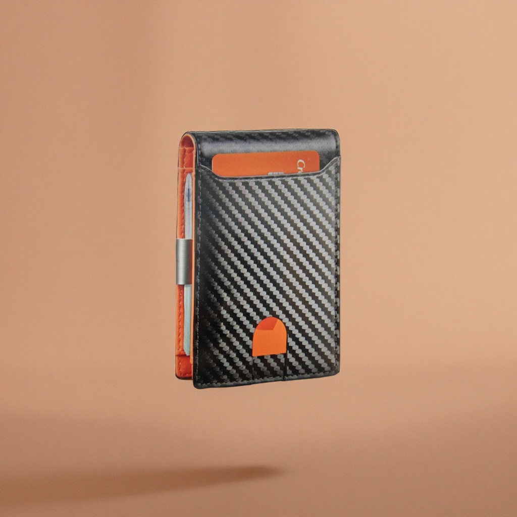 Black carbon fiber textured wallet with orange inner lining card slot, simple and lightweight for men Application Scenario