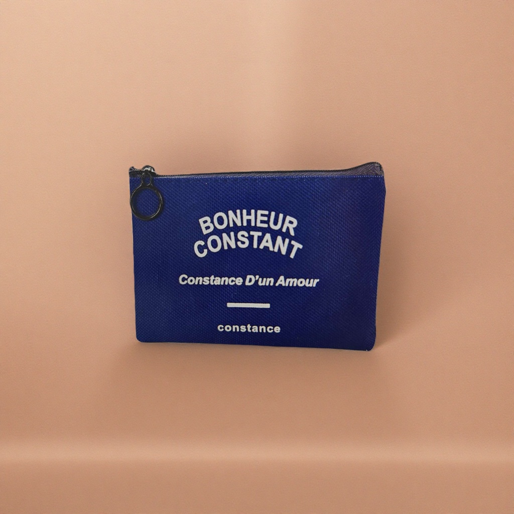 蓝色拉链零钱包正面白色文字BONHEUR CONSTANT Constance D'un Amour constance横线装饰带金属钥匙环