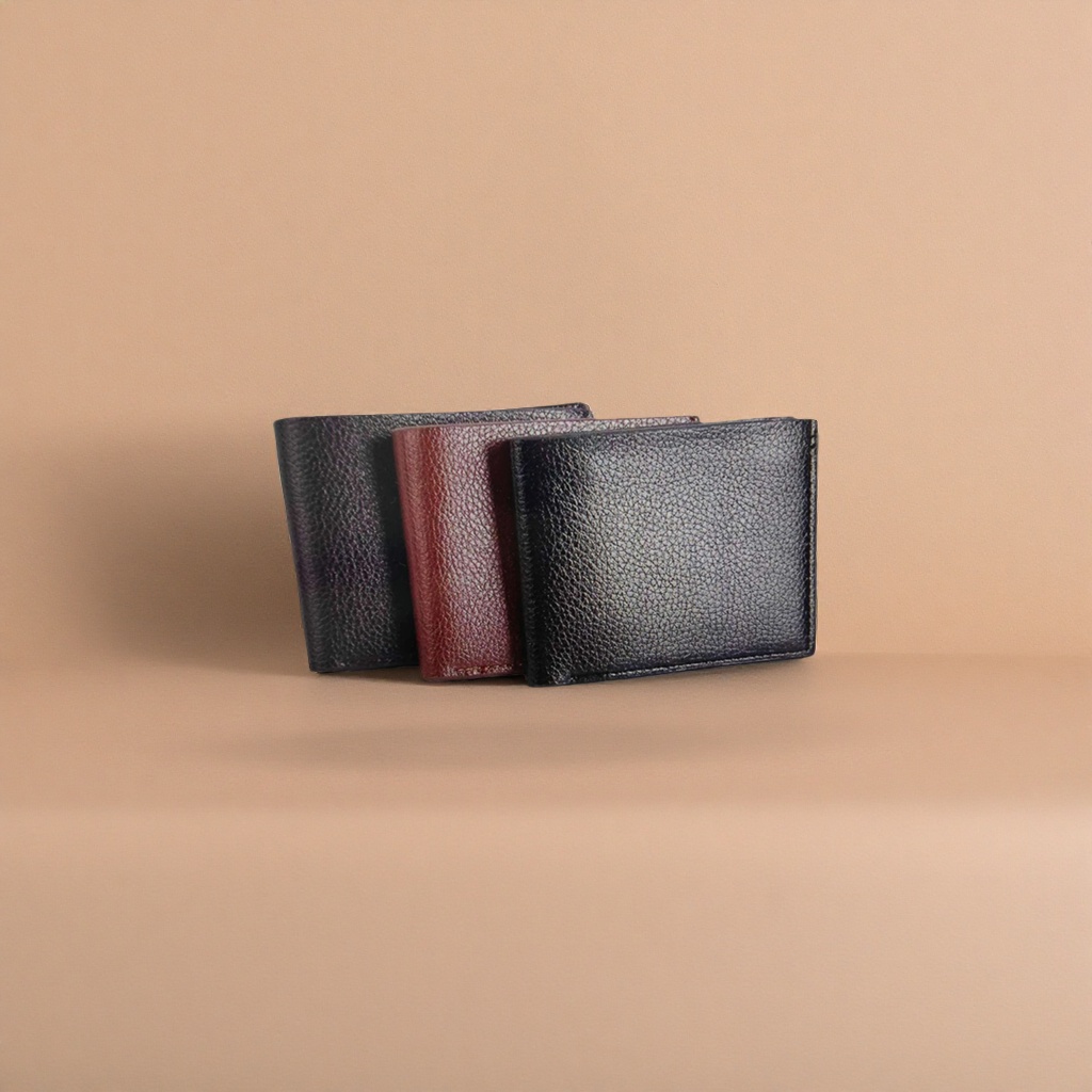 A simple, fashionable and lightweight black wine red textured leather wallet for both men and women details Picture