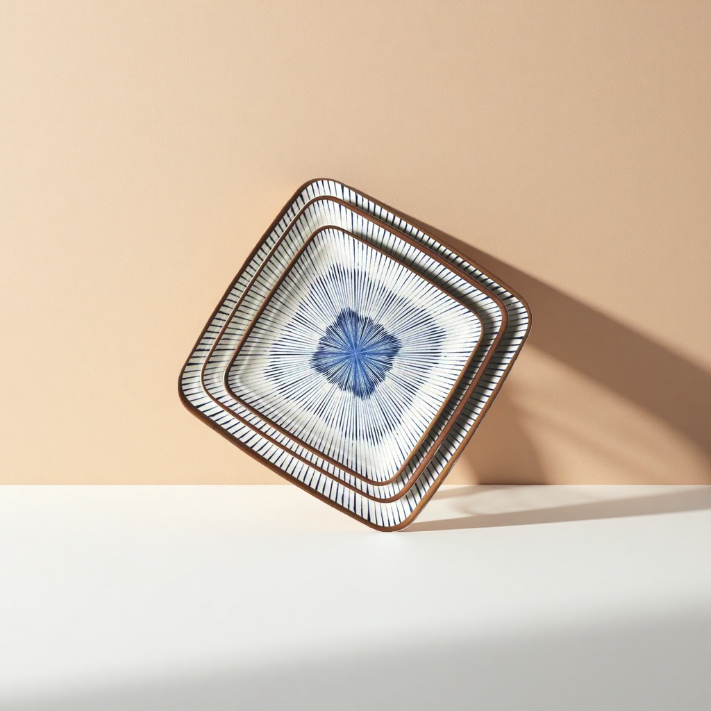 Blue and white radiating pattern square ceramic plate home dining plate, simple Nordic-style tableware details Picture