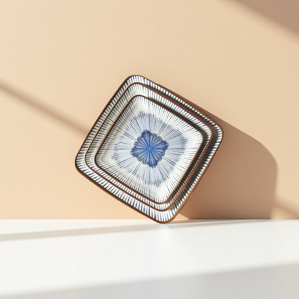 Blue and white radiating pattern square ceramic plate home dining plate, simple Nordic-style tableware Specification image