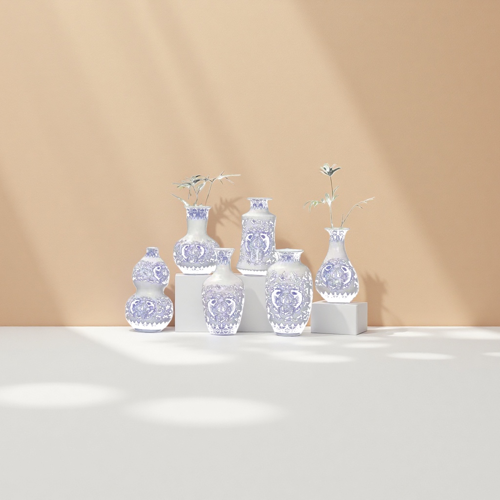 A set of blue and white porcelain vases for living room decoration, a Chinese retro ceramic handicraft