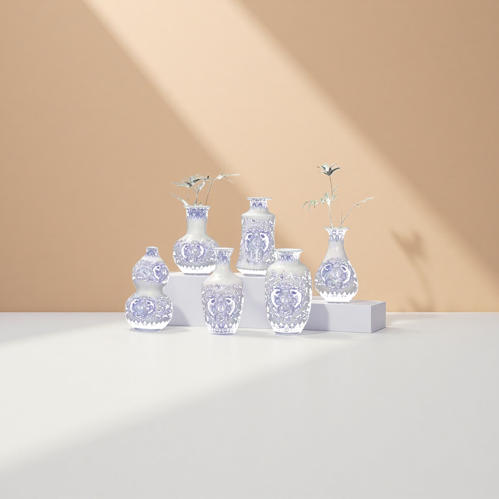 A set of blue and white porcelain vases for living room decoration, a Chinese retro ceramic handicraft details Picture
