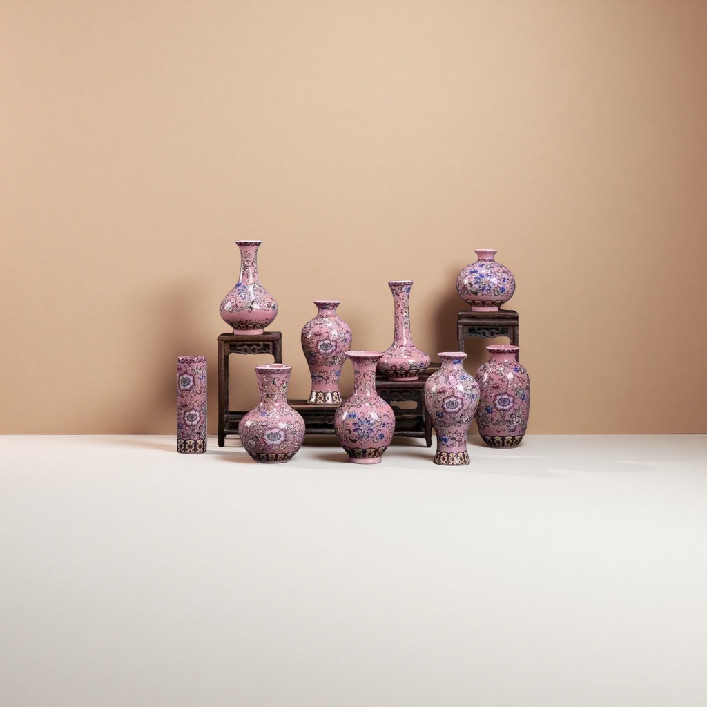 A set of pink floral-patterned porcelain vases for home decoration and ceramic vase ornaments