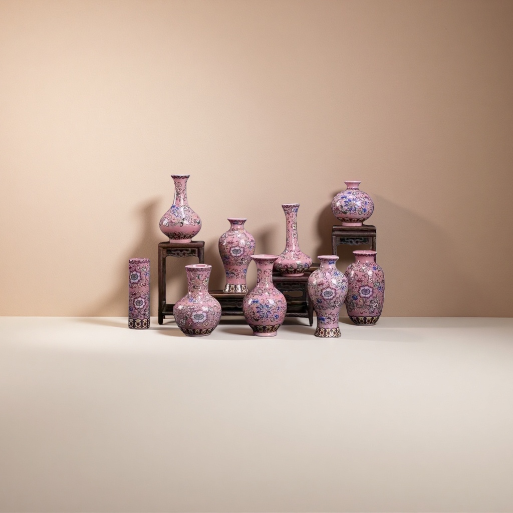 A set of pink floral-patterned porcelain vases for home decoration and ceramic vase ornaments details Picture