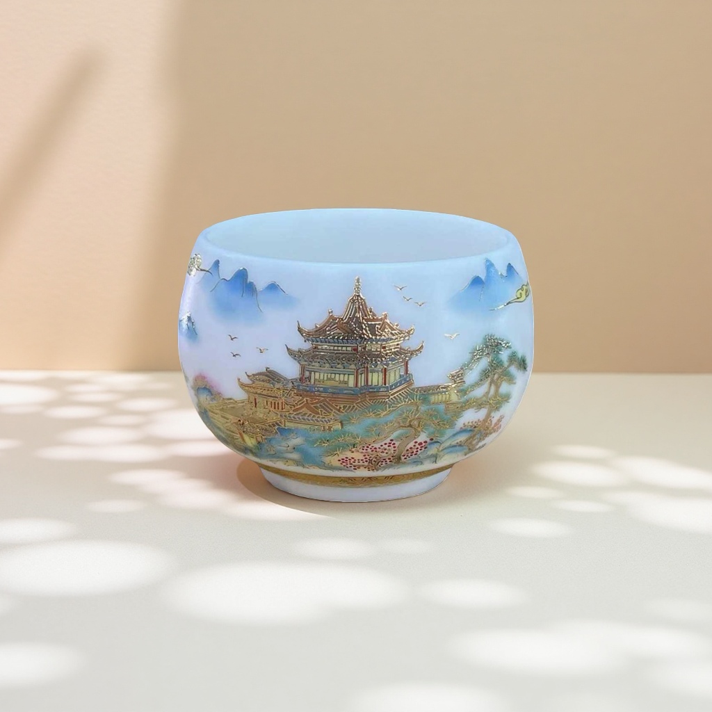彩绘山水楼阁陶瓷碗 家用中式餐具 青花瓷风 dinnerware