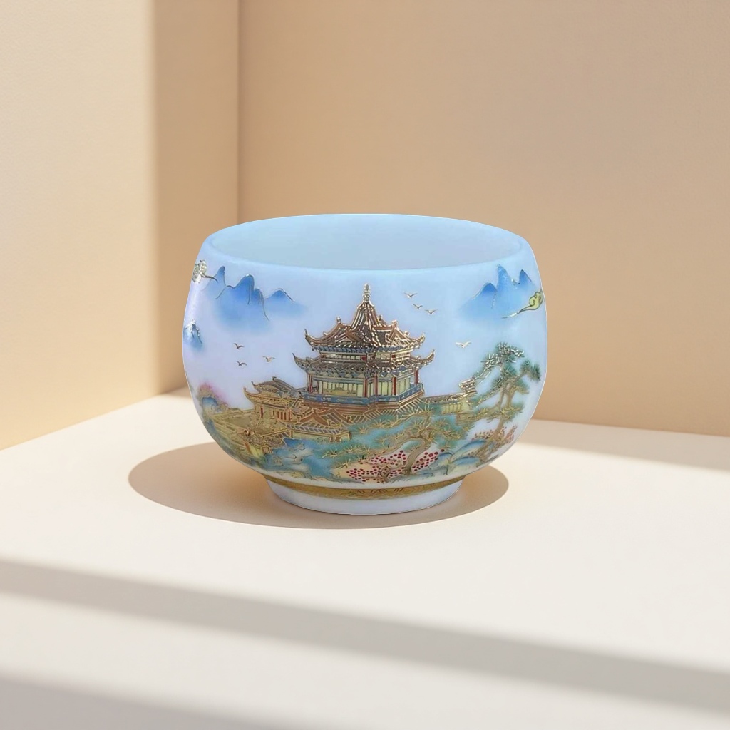 彩绘山水楼阁陶瓷碗 家用中式餐具 青花瓷风 dinnerware细节图