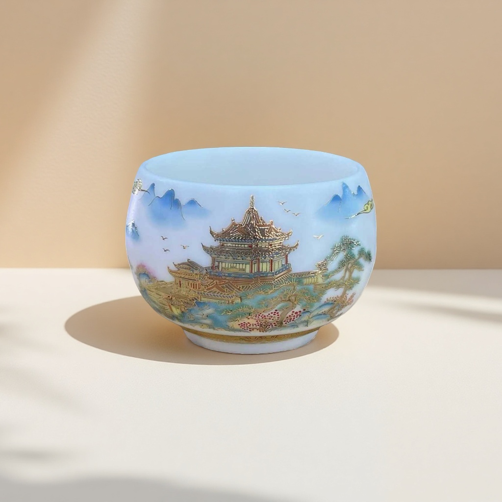 彩绘山水楼阁陶瓷碗 家用中式餐具 青花瓷风 dinnerware产品图
