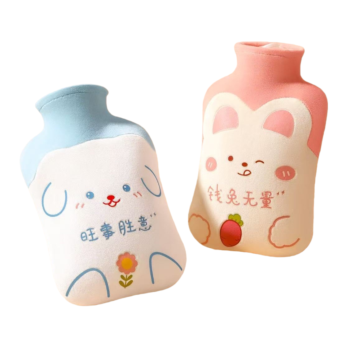 粉色兔子造型暖水袋+蓝色小狗造型暖水袋白底实物图