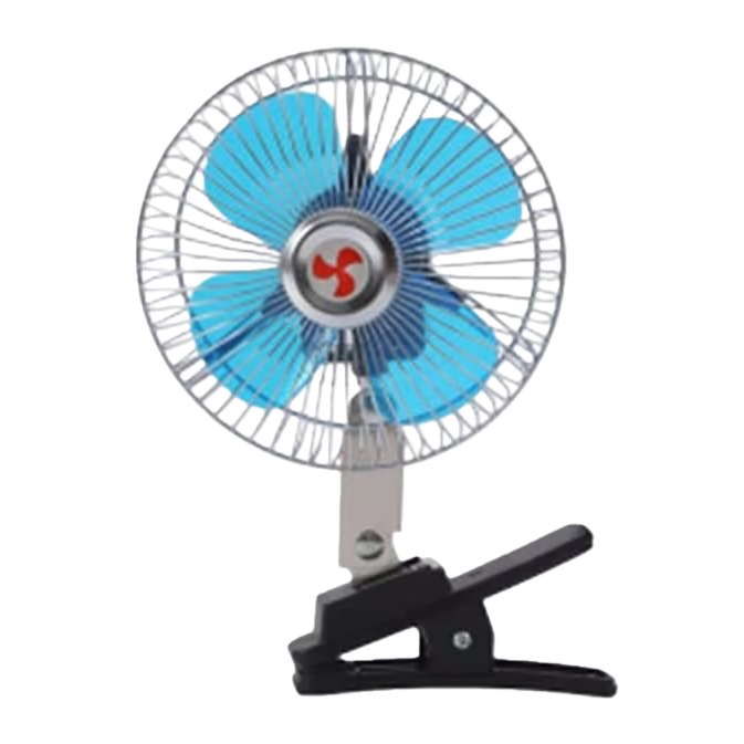 A portable desktop fan with adjustable wind speed and USB charging, featuring blue fan blades and clamp-on design Item Picture