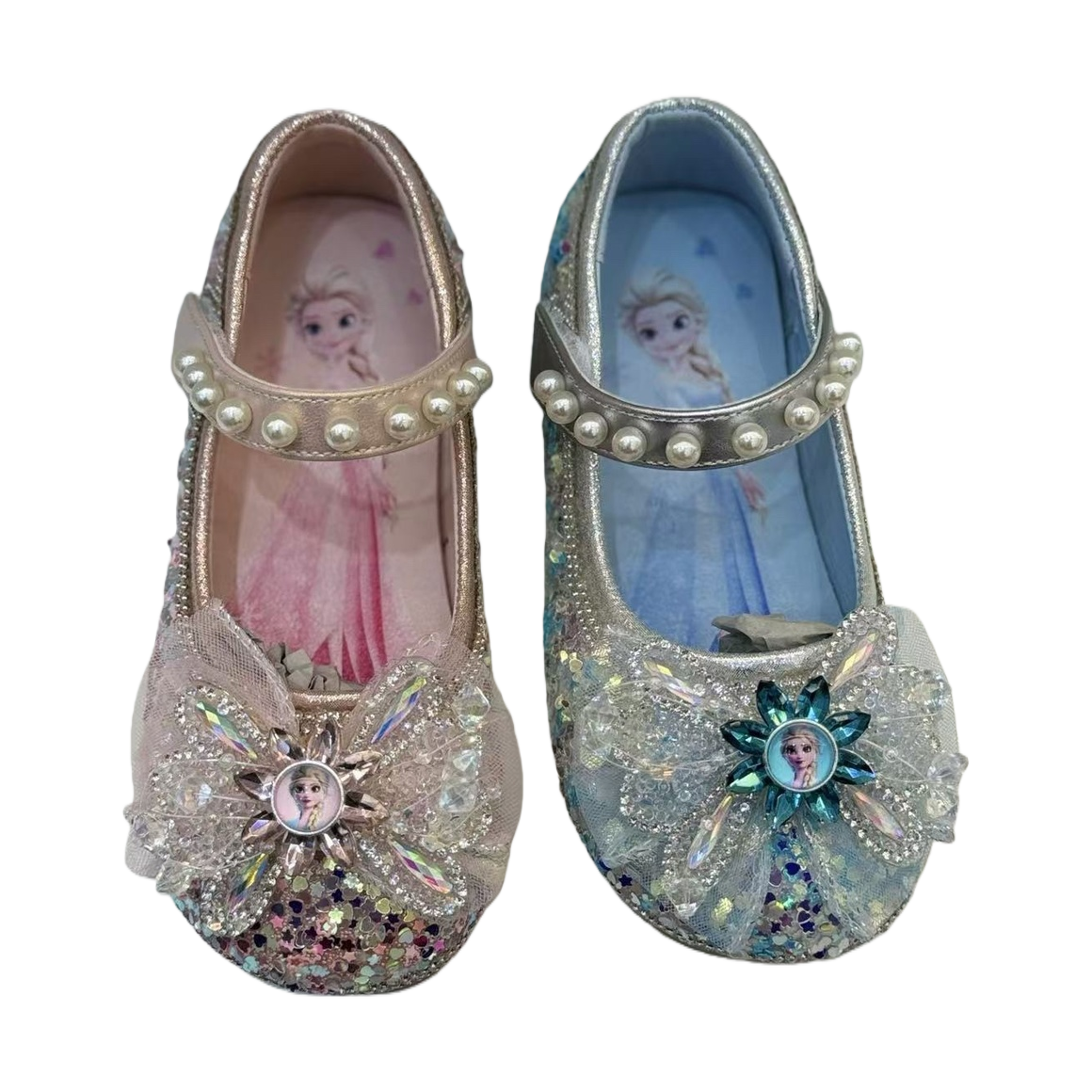 Disney's Frozen princess shoes for girls are decorated with pink and blue sequins