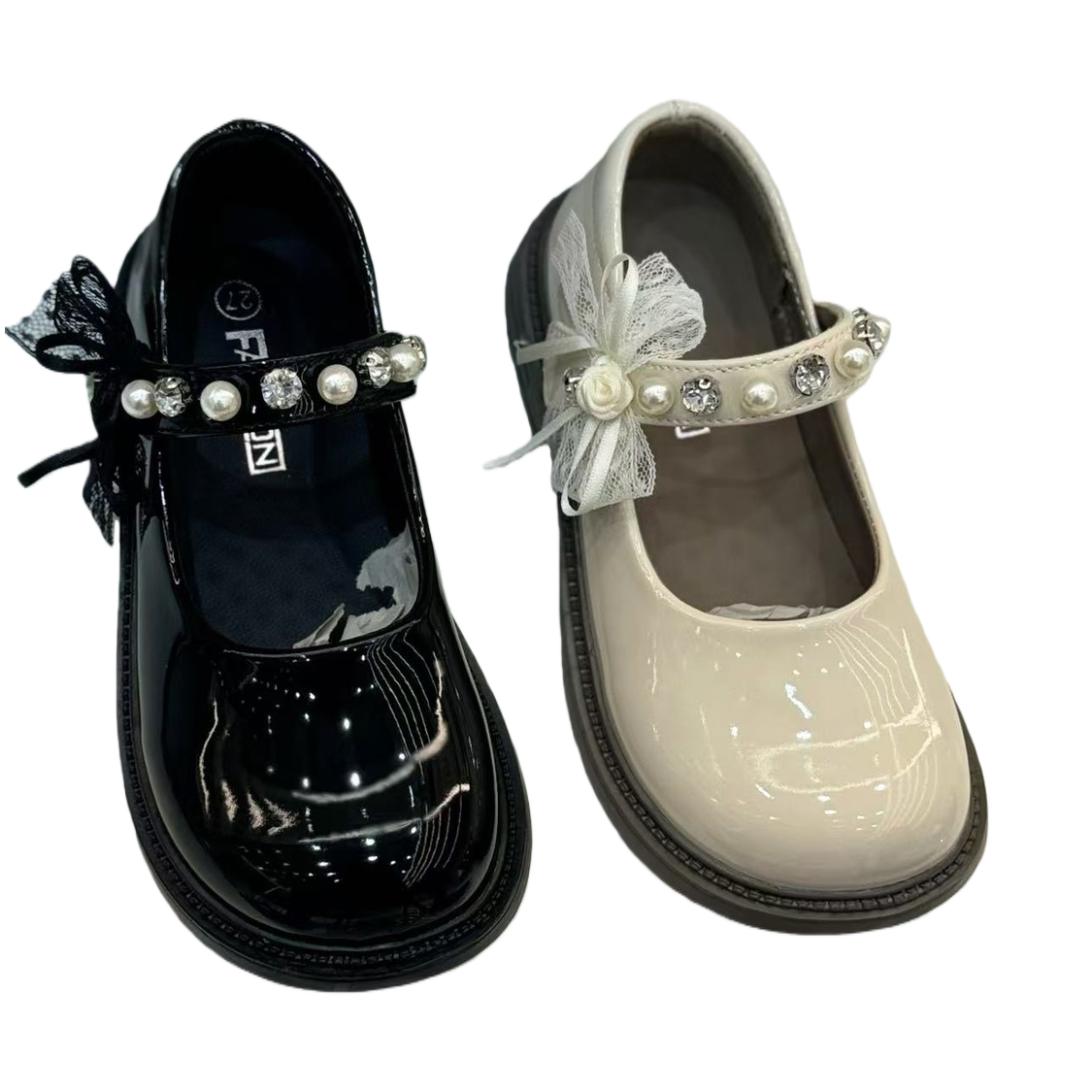 Black glossy and off-white glossy Mary Jane shoes, women's retro round-toed, chunk-heeled single shoes