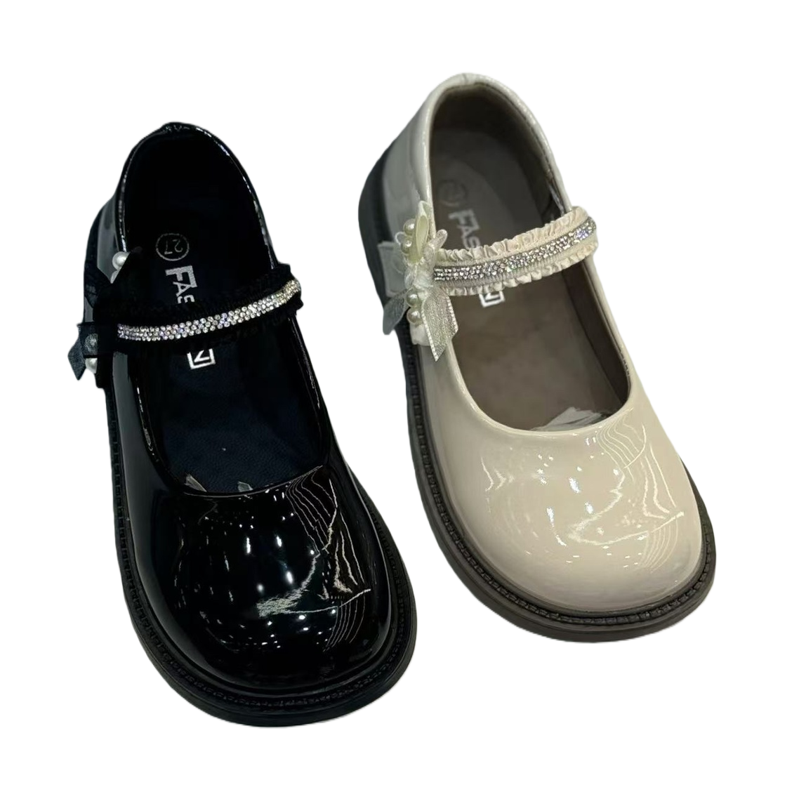 Black glossy and off-white glossy Mary Jane shoes, women's genuine leather retro commuter single shoes