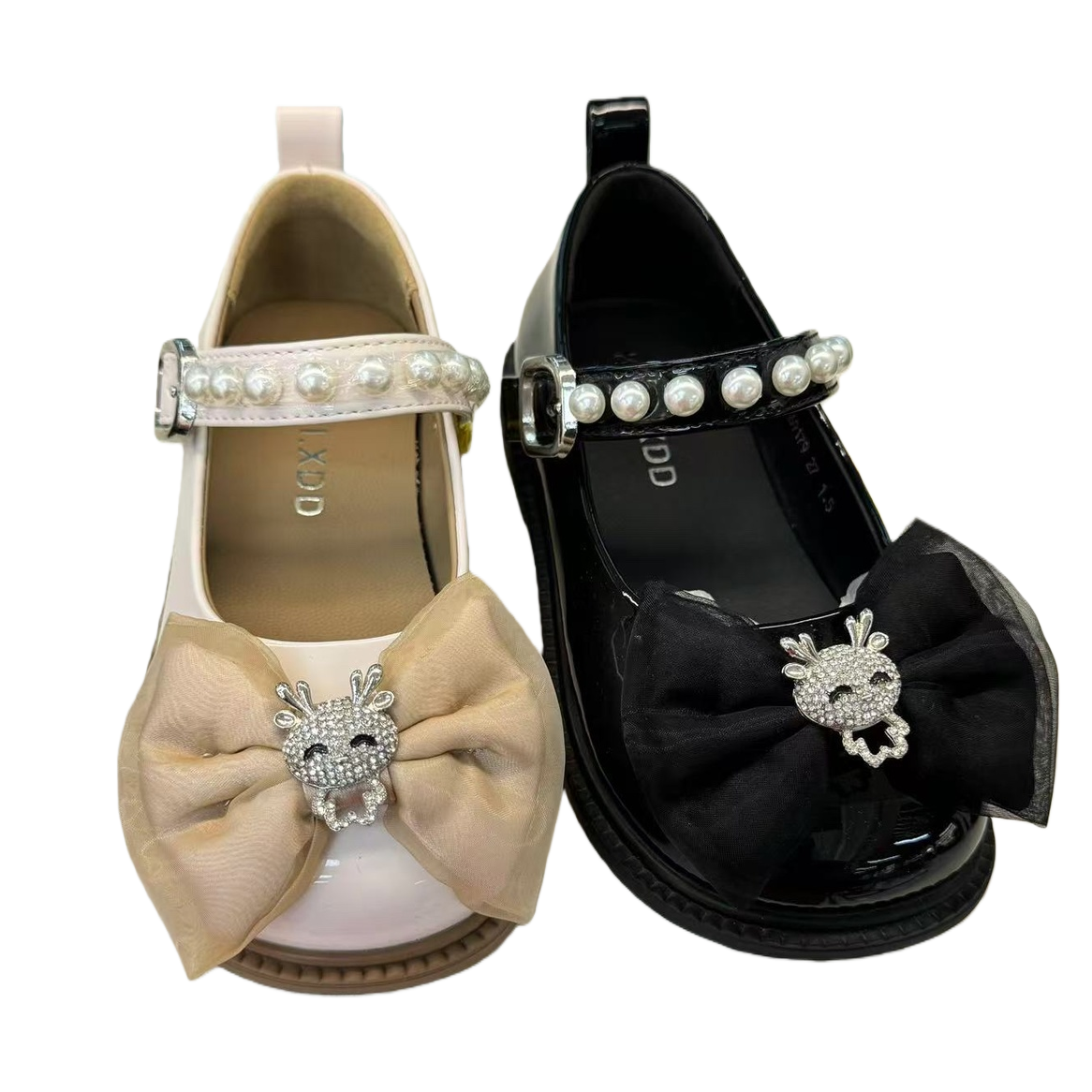 White and black pearl-decorated bow girls' shoes