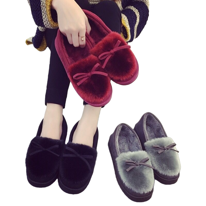 Red, black and grey plush bow slippers for both men and women, warm for home use Application Scenario