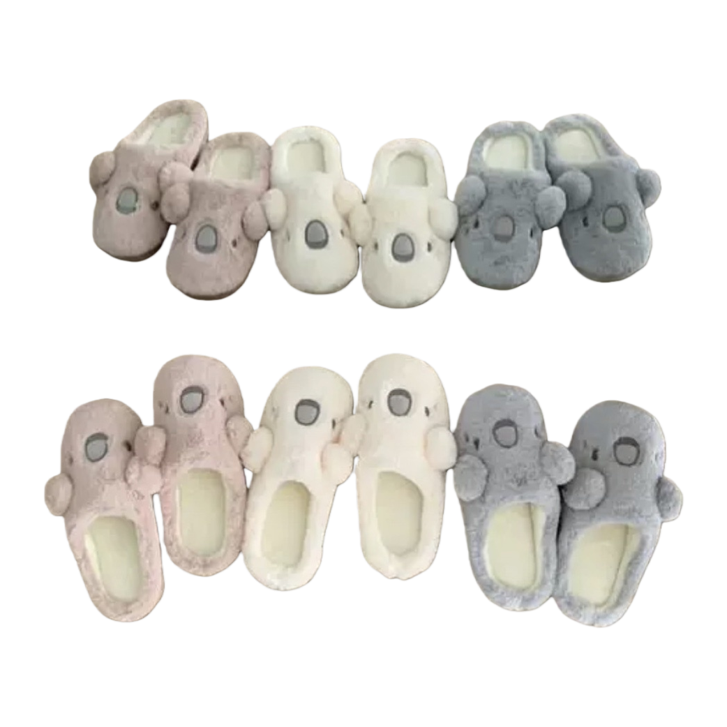Pink, grey and white koala-shaped plush slippers, warm and cute cartoon couple style for home use