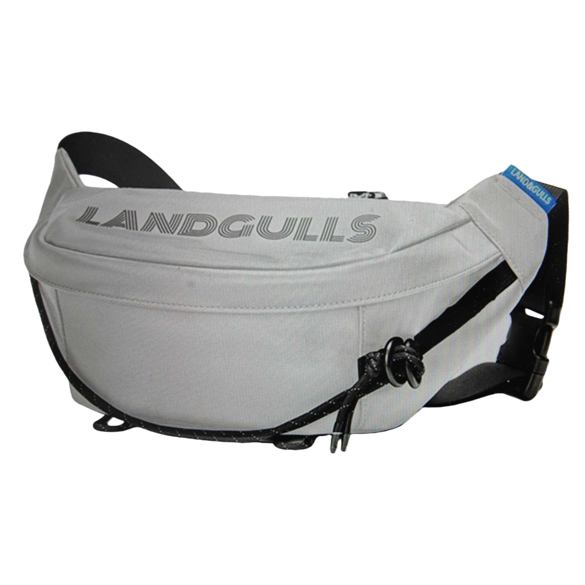 The white waist bag, black shoulder strap and rope knot decoration, with the LANDGULLS word printed on the front Item Picture