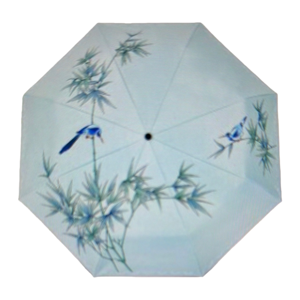 浅蓝色竹鸟图案雨伞白底实物图