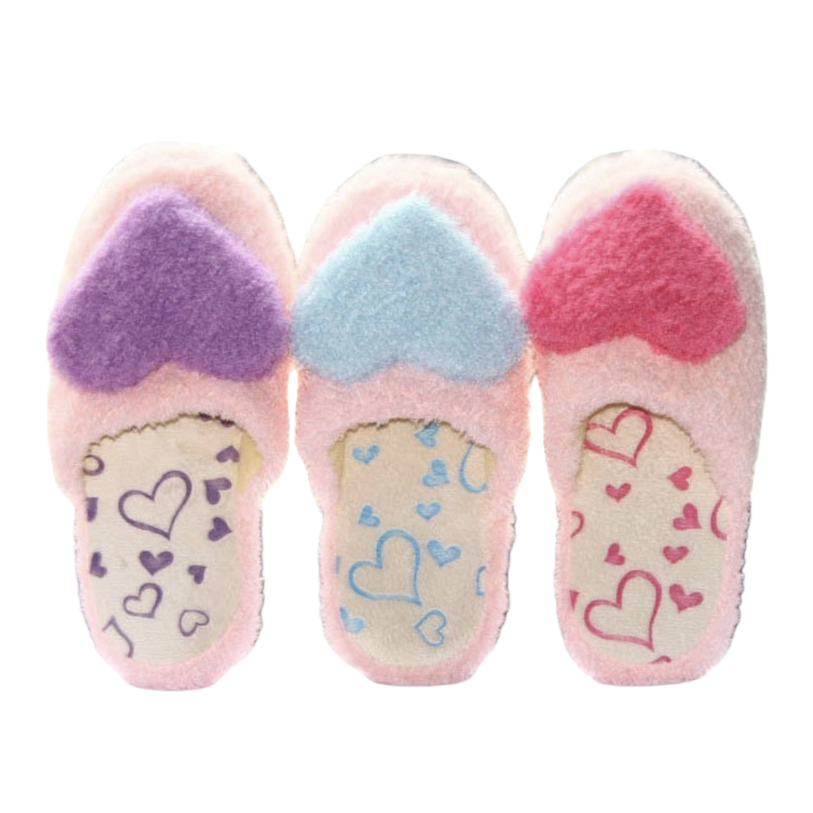 Pink plush slippers with heart-shaped decorations and heart-shaped pattern soles are cute and warm for home use